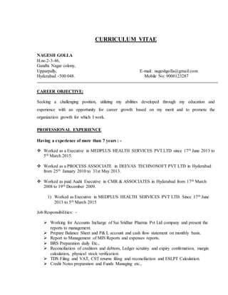 CURRICULUM VITAE
NAGESH GOLLA
H.no.2-3-46,
Gandhi Nagar colony,
Upparpally, E-mail: nageshgolla@gmail.com
Hyderabad -500 048. Mobile No: 9000123287
CAREER OBJECTIVE:
Seeking a challenging position, utilizing my abilities developed through my education and
experience with an opportunity for career growth based on my merit and to promote the
organization growth for which I work.
PROFESSIONAL EXPERIENCE
Having a experience of more than 7 years : -
 Worked as a Executive in MEDPLUS HEALTH SERVICES PVT.LTD since 17th June 2013 to
5th March 2015.
 Worked as a PROCESS ASSOCIATE in DEEVAS TECHNOSOFT PVT LTD in Hyderabad
from 25th January 2010 to 31st May 2013.
 Worked as paid Audit Executive in CMR & ASSOCIATES in Hyderabad from 17th March
2008 to 19th December 2009.
1) Worked as Executive in MEDPLUS HEALTH SERVICES PVT LTD. Since 17th June
2013 to 5th March 2015
Job Responsibilities: -
 Working for Accounts Incharge of Sai Sridhar Pharma Pvt Ltd company and present the
reports to management.
 Prepare Balance Sheet and P& L account and cash flow statement on monthly basis.
 Report to Management of MIS Reports and expenses reports.
 BRS Preparation daily Etc.,
 Reconciliation of creditors and debtors, Ledger scrutiny and expiry confirmation, margin
calculation, physical stock verification.
 TDS Filing and VAT, CST returns filing and reconciliation and ESI,PT Calculation.
 Credit Notes preparation and Funds Managing etc.,
 