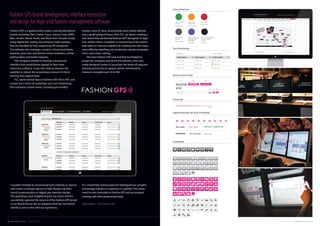 Fashion GPS is a global online system used by big fashion
brands including Dior, Chanel, Gucci, Jimmy Choo, DKNY,
Marc Jacobs, Diesel, Fendi, and those from Arcadia Group.
Using digital bar-coding, the software tracks samples
that are handled by their supporting PR companies.
The software also manages contacts, virtual look books,
requests, press hits, and fashion show invitations, online
seating plans and media requests.
The company needed to develop a brand and
interface that would better appeal to their style-
conscious audience. It was also vital to improve the
usability to reduce the unnecessary amount of client-
training and support time.
FCL spent several days at Fashion GPS HQ in NYC and
carried out a series of workshops and user-shadowing.
The company’s brand values, including personality,
Fashion GPS brand development, interface restructure
and design for high-end fashion management software
Ð I wouldn’t hesitate to recommend Fuel Creativity to anyone
who needs a strategic agency to help sharpen-up their
brand communication or digital user-interface design.
The workshops were enlightening for our teams and FCL
successfully captured the essence of the Fashion GPS brand
in our‘Brand House’. We are delighted that the new brand
identity is now in line with our aspirations.
mission, tone of voice, and promise were clearly defined
into a guiding Brand House, then FCL set about creating a
new brand that positioned Fashion GPS alongside its high-
end, stylish clients. Complete re-structuring of the system
took place to improve usability by creating new site-maps,
more effective labelling and wireframes, design templates,
icons, and colour-coding.
The new Fashion GPS look and feel has helped to
propel the company and excite the industry. Once the
newly designed system is launched, the levels of required
training and technical support will be monitored to
measure a tangible part of its ROI.
Red = Urgent
R: 204 G: 0 B: 51
Blue = Archive
Samples
R: 66 G: 66 B: 66
Amber = Due
(needs action)
R: 255 G:153 B: 0
Purple = Sold, placed,
returned to client
(unavailable)
R: 0 G:0 B: 0
Black = Canceled, rejected,
declined, written off,
missing
R: 0 G:0 B: 0
Green = Samples
out, in use
R: 0 G:153 B: 0
Colour Definitions
Text & Numbering
Button & Search Fields
Process Bar
Stage Numbering, Text Styles & Headings
Iconography
FCL masterfully restructured and redesigned our complex
technology interface to optimise it’s usability. The whole
exercise was invaluable to Fashion GPS and we enjoyed
working with their professional team.
Ó
Eddie Mullon - CEO, Fashion GPS
20 FUEL CREATIVITY LTD © 2013 CREATIVE PORTFOLIO 21COMPANY CREDENTIALS FUEL CREATIVITY LTD © 2013
 
