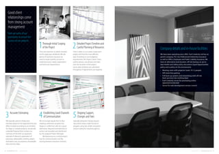 We encourage regular face to face
meetings whenever possible, but
Skype or conference calls are a good
alternative. Required amendments or
actions are recorded and distributed
by the assigned Project Manager.
We Basecamp as a central project-
hub for communication and file-
sharing between everyone involved.
Specially designed change request
documents keep a tight record on
progress using red, amber and green
colour-coding for required urgency.
Time and attention to detail invested
at this stage pays dividends. We ask
plenty of questions because we
need to build a perfect picture to
understand your needs, expectation
and technical requirements.
Time is taken to accurately scope each
project and find the most efficient
way of working to suit budgetary
requirements. MS Project Gantt Charts
outline phases, sub-phases and tasks
over the duration of the project.
Up-to-date timelines are submitted
throughout if adjustments are required.
2Detailed ProjectTimeline and
Careful Planning of Resources
5Ongoing Support,
Changes and Fixes
1Thorough Initial Scoping
of the Project
4Establishing Good Channels
of Communication3Accurate Estimating
We typically submit a Production
Estimate, based on the expected time and
effort involved according to our timeline.
For large or complex projects, we provide
a detailed Proposal that contains our
summary of the brief, our approach,
rationale (if relevant), explanation of
processes, deliverables, timeline, project
estimated costs, assumptions, foreseeable
risks and next steps.
Here are some of our
procedures to ensure the
success of our projects:
Good client
relationships come
from strong account
management
We have been operating since 2002. Fuel Creativity Ltd has no
parent company. FCL has Professional Indemnity Insurance
as well as Office, Employee and Public Liability Insurance. We
have an alternative work location, off site backup, an up-to-
date Health and Safety policy document, Equal Opportunities
policy and a policy on the environment.
•	 Meeting room with projector (seats 10-12 people)
•	 Off-street free parking
•	 Full back-up systems and networking (with off-site
back-up every two working days)
•	 Fuel Creativity server for previewing online
(password protected)
•	 Server for web development version control
Companydetailsandin-housefacilities
6 FUEL CREATIVITY LTD © 2013 COMPANY CREDENTIALS 7COMPANY CREDENTIALS FUEL CREATIVITY LTD © 2013
 