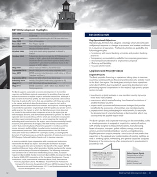 Black Sea Trade & Development Bank 0302
BSTDB Development Highlights
June 1994 BSEC member states signed Agreement Establishing
the BSTDB
January 1997 Agreement Establishing the BSTDB came into force
June 1999 Start of Operations
December 1999 First Project Signed
March 2004 Initial long term credit rating of Baa2 obtained from
Moody’s Investors Service
October 2006 Long term credit rating upgraded, by Moody’s,
to Baa1
October 2008 Following a decision to triple the BSTDB authorized
capital to SDR 3 billion (EUR 3.45 billion) and to
double the Bank’s subscribed capital to SDR 2 billion,
shareholders subscribed to additional shares in the
amount of SDR 1 billion
May 2009 Debut USD 125 million 3 year bond issue
September 2010 Moody’s long term credit rating upgraded to A3
June 2011 BSTDB receives initial long term credit rating of A from
Standard and Poor’s
September 2012 Debut CHF 200 million 4 year bond issue
February 2014 Moody’s long term credit rating upgraded to A2
May 2015 CHF 100 million 4.5 year bond issue
May 2015 BSTDB establishes a EUR 1 billion Euro Medium Term
Note programme
The Bank supports sustainable economic development in its member
countries and facilitates regional cooperation by providing financing and
technical assistance to eligible projects and trade transactions. Although it
does not seek to maximize profits, the Bank does not provide concessional
financing; it seeks to offer terms that are competitive with those prevailing
in the market, and which allow the institution to cover its costs and to
generate sufficient revenues to build reserves and surpluses. Financing may
be extended to operations originating in both the public and private sectors,
and in practice the market to which the Bank has proven most attractive
has tended to be medium sized companies active in the region that are
well managed, dynamic, and demonstrate potential for growth. The Bank is
especially keen to work with such firms which are: involved in cross border
activities, export oriented, involved in a sector requiring the transfer of
technology and know-how into the region, users of environmentally friendly
processes, and generators of new jobs. The Bank mainly concentrates on
sectors that are driving forces of economic growth in member countries:
energy, transport, public utilities, manufacturing, municipal services,
environmental protection, SMEs, telecommunications, and the financial
sector. The sector focus differs from country to country, according to the
demands of local businesses as well as the priorities of national governments.
BSTDB enjoys Preferred Creditor Status in all its member countries.
In order to establish closer cooperation with countries and institutions
interested in the Black Sea region - including the facilitation of project
co-financing and other joint activities for the benefit of the region- BSTDB
established Observer Status which provides a flexible mechanism for regular
contacts and exchange of business information. The following institutions
have joined BSTDB as Observers: KfW Banking Group (2006), European
Investment Bank (2008), Nordic Investment Bank (2008), Development Bank
of Austria (2008), EDFI-Association of the European Development Finance
Institutions (2008), International Investment Bank (2009), International
Finance Corporation (2010), PROPARCO - Investment and Promotions
Company for Economic Cooperation of France (2010), European Bank for
Reconstruction and Development (2011), and Vnesheconombank, the
Russian development bank (2011).
BSTdB In ACTIon
Key Operational Objectives
Operationally, the Bank has adopted a strategy which allows flexible
and prompt response to changes in economic and market conditions
in its countries of operation. The Bank’s activities are guided by the
following principles:
•	Consistency	with	sound	banking	principles	and	prudent	banking	
practices
•	Transparency,	accountability,	and	eﬀ	ective	corporate	governance
•	Fair	and	rapid	consideration	of	any	business	proposal
•	Effi		ciency	and	ﬂ	exibility
•	Focus	on	clients’	needs
Corporate and Project Finance
Eligible Projects
The Bank provides financing to operations taking place in member
countries, working with any financier and investor who wish to invest
in the Black Sea region. The Bank gives priority to those operations
which best fulfill its dual mandate of supporting development and
promoting regional cooperation. In this respect, high priority project
sectors include:
•	investments	or	joint	ventures	in	one	member	country	by	one	or	
more firms from another
•	investments	which	receive	funding	from	fi	nancial	institutions	of	
another member country
•	projects	with	upstream	and	downstream	linkages	that	provide	
benefits to the economies of more than one member country
•	projects	which	bring	indirect	region-wide	benefi	ts,	for	example	
the introduction of a new technology or best practice which may
subsequently be applied region-wide
The Bank’s project and corporate financing can be extended to public
or private promoters in support of projects in a variety of sectors,
with priority assigned to telecommunications, manufacturing,
financial services, transport, public utilities, energy, municipal
services, environmental protection, tourism, and agribusiness.
Eligible operations may include the construction of new productive
capacities or the upgrade and modernization of existing facilities, as
well as working capital, refinancing, and general corporate purposes.
Financing of the restructuring of an enterprise or its privatization is
possible as well.
GEK Terna Group, Greece
Support of the company’s
investment program in Greece
and the Black Sea region
EUR 20 million
5 years corporate loan
Kulon-Yugros, Russia
Construction of office /
warehouse complex
EUR 9.8 million,
project finance loan
 