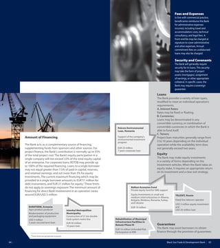 Black Sea Trade & Development Bank 0504
Loans
The Bank provides a variety of loan types,
modified to meet an individual operation’s
requirements.
A. Interest Rates:
Rates may be fixed or floating.
B. Currencies:
Loans may be denominated in any
convertible currency, or combination of
convertible currencies in which the Bank is
able to fund itself.
C. Tenors:
Project loan maturities generally range from
3 to 10 years depending on the individual
operation while the availability term does
not generally exceed two years.
Equity
The Bank may make equity investments
in a variety of forms depending on the
investment vehicles. When the Bank takes an
equity stake, it requires an appropriate return
on its investment and a clear exit strategy.
Guarantees
The Bank may assist borrowers to obtain
finance through the provision of guarantees.
Fees and Expenses
In line with commercial practice,
beneficiaries reimburse the Bank
for administrative expenses
incurred, including travel and
accommodation costs, technical
consultancy, and legal fees. A
front-end fee may be charged at
signature to cover administrative
and other expenses. Annual
commitment fees on undisbursed
loans may also be charged.
Security and Covenants
The Bank will generally require
security for its loans. This security
may take the form of project
assets (mortgages), assignment
of earnings, or other appropriate
collateral. In specific cases, the
Bank may require a sovereign
guarantee.
EUROTERM, Armenia
Agro-product producer
Modernization of production
and packaging equipment
USD 3 million
5 years secured term loan
Istanbul Metropolitan
Municipality
Construction of 21 km double-
track system metro line
EUR 50 million
10 years loan
Petrom Environmental
Loan, Romania
Support of the company’s
environmental investment
program
EUR 25 million
7 years corporate loan
Balkan Accession Fund
Private equity fund for SME support
Equity investments in small and
medium sized enterprises in Albania,
Bulgaria, Moldova, Romania, Turkey,
and Ukraine
EUR 10 million
TELESET, Russia
Fixed-line telecom operator
USD 3 million equity investment
and
USD 20 million loan
Rehabilitation of Municipal
Infrastructure Facilities in
Batumi-Phase III
EUR 16 million Unfunded Risk
Participation to KfW
Amount of Financing
The Bank acts as a complementary source of financing,
supplementing funds from sponsors and other sources. For
project finance, the Bank’s contribution is normally up to 35%
of the total project cost. The Bank’s equity participation in a
single company will not exceed 33% of the total equity capital
of an enterprise. For corporate loans, BSTDB may provide up
to 100% of the required financing. Loans to a single borrower
may not equal greater than 7.5% of paid-in capital, reserves,
and retained earnings, and not more than 3% for equity
investments. The current maximum financing which may be
provided to a single borrower amounts to EUR 51 million for
debt instruments, and EUR 21 million for equity.3
These limits
do not apply to sovereign exposure. The minimum amount of
financing for direct Bank involvement in an operation varies
around EUR/USD 3 million.
3
These limits are periodically reviewed.
 