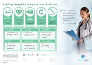 info@bioquell.com www.bioquell.com
Disclaimer: Please note that this document comprises
marketing literature and is for summary information
purposes only; customers or potential customers must
not rely upon the contents of this document. Bioquell
UK Ltd or its affiliates, distributors, agents or licensees
(together ‘Bioquell’) reserve the right to make changes
to the contents of this document at any time and
without prior notification.
Bioquell is a registered trade mark of Bioquell UK Ltd.
© Bioquell UK Ltd (2015). All rights reserved.
HC001-MKT-137
Bioquell UK
T: +44 (0)1264 835 835
Bioquell USA
T: +1 (215) 682 0225
Bioquell France
T: +33 (0)1 43 78 15 94
Bioquell Ireland
T: +353 (0)61 603 622
Bioquell Asia Pacific
T: +65 6592 5145
Bioquell China
T: +86 755 8631 0348
Patient Rooms
Don’t let the
environment be
a source of
infection
Critical Care
Help protect
patients at
higher risk of
infection
Sensitive
Equipment
Difficult-to-disinfect
equipment is easily
decontaminated
Materials
Decontaminate
supplies, toys,
privacy curtains,
monitors
Operating
Rooms
Help combat
Surgical Site
Infections (SSIs)
Satisfying the need for automated room disinfection
“
•	 Urgent call-out to combat
outbreaks or manage high
risk patients
•	 Bioquell team
focussing on high
demand clusters, eg
science-parks
REACTIVE
LOCAL
•	 In-situ teams driving
down HAI rates and
protecting patient
throughput
•	 Bioquell team
decontaminating key
units in the evening,
eg ORs, dialysis units
PROACTIVE
AFTER-HOURS
•	 Selected targets
tailored to a hospital’s
specific needs
•	 Project management
and ‘bundled’
intervention planning
SELECTIVE
CONSULTING
The hospital is
also able to save
money with a
demonstrable
return on
investment.
”
 