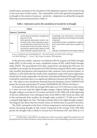 47
modifications, primarily in the calculation of the adaptation capacity of the society living
in the rural areas of Zala county. The vulnerability of the Zala agricultural population
to drought in the context of exposure - sensitivity - adaptation was defined by using the
following summarized parameters (Table 1).
Table 1. Indicators used in the calculation of sensitivity to drought
Impact Adaptation
Exposure Sensitivity
PaDI
– certain physical and water management
features of soils:
field capacity, dead water content, use-
ful water stock, water absorption capac-
ity and hydraulic conductivity of the soil,
stratification of the soil section, features
causing the special water balance and
water retention capacity of the soil
– knowledge and information concerning
adaptive agriculture (technology and change
of species)
– accessibility of water, available for irrigation
– direct and indirect agricultural support by
farm
– HDI
– Indicator calculated from the above indices
Source: CARPATCLIM; ENSEMBLES EU– FP6; KSH; MVH; NYUDUVIZIG; Pálvölgyi
et al 2010; Pálvölgyi T. – Czira T. 2011; Expert estimate; TEIR database
In the previous studies, exposure was defined with the Ángyán and Pálfai Drought
Index (PAI). In this study, we used a simplified version of PAI, called Palfai Drought
Index (PaDI). The groundwater level data, required for calculating the PAI were not
available to our project for the period until 2100, therefore using the PaDI, which requires
only monthly precipitation and temperature data, seemed a more practical option. In
addition, we also think that the results of the calculations made with various approaches
should also be made comparable. On the basis of the planned National Drought Strategy,
it should be noted that there is no significant difference between the PAI and PaDI val-
ues. The values in our calculations stemmed from the European Union CARPATCLIM
project for the past and another EU project ENSEMBLES EU-FP6 for the future.4
.
In the period of 1981-2010, the average PaDI index was 3.6 °C/100 mm in Zala county,
i.e. it does not even reach the slight drought category. Figures falling within the slight
drought category occurred on 9 occasions, primarily in the 1990s and at the beginning
of the new millennium. Four subsequent years from 2000 to 2003 stood out when, due
to the continuously drier weather, the drought index reached 6.7 °C/100 mm in 2003,
a uniquely high figure for Zala. That figure already falls in the slight drought category.
The diagram also shows that the extreme values are shifted more in a positive direction.
The PaDI, estimated on the basis of future temperature and precipitation data in-
dicates increasing drought in Zala county. Compared to the average of the 1981-2010
period, the drought index is likely to increase by 6.3% between 2011 and 2040, by 13.3
4 Borbála Gálos, responsible for A9 programme within our project supplied the temperature and
precipitation for the PaDI calculations and provided assistance in the methodology used for the analyses.
 