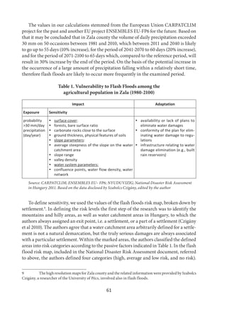 61
The values in our calculations stemmed from the European Union CARPATCLIM
project for the past and another EU project ENSEMBLES EU-FP6 for the future. Based on
that it may be concluded that in Zala county the volume of daily precipitation exceeded
30 mm on 50 occasions between 1981 and 2010, which between 2011 and 2040 is likely
to go up to 55 days (10% increase), for the period of 2041-2070 to 60 days (20% increase),
and for the period of 2071-2100 to 65 days which, compared to the reference period, will
result in 30% increase by the end of the period. On the basis of the potential increase in
the occurrence of a large amount of precipitation falling within a relatively short time,
therefore flash floods are likely to occur more frequently in the examined period.
Table 1. Vulnerability to Flash Floods among the
agricultural population in Zala (1980-2100)
Impact Adaptation
Exposure Sensitivity
probability
>30 mm/day
precipitation
(day/year)
 surface cover:
 forests, bare surface ratio
 carbonate rocks close to the surface
 ground thickness, physical features of soils
 slope parameters:
 average steepness of the slope on the water
catchment area
 slope range
 valley density
 water system parameters:
 confluence points, water flow density, water
network
 availability or lack of plans to
eliminate water damages
 conformity of the plan for elim-
inating water damage to regu-
lations
 infrastructure relating to water
damage elimination (e.g., built
rain reservoirs)
Source: CARPATCLIM; ENSEMBLES EU– FP6; NYUDUVIZIG; National Disaster Risk Assessment
in Hungary 2011. Based on the data disclosed by Szabolcs Czigány, edited by the author
To define sensitivity, we used the values of the flash floods risk map, broken down by
settlement.9
. In defining the risk levels the first step of the research was to identify the
mountains and hilly areas, as well as water catchment areas in Hungary, to which the
authors always assigned an exit point, i.e. a settlement, or a part of a settlement (Czigány
et al 2010). The authors agree that a water catchment area arbitrarily defined for a settle-
ment is not a natural demarcation, but the truly serious damages are always associated
with a particular settlement. Within the marked areas, the authors classified the defined
areas into risk categories according to the passive factors indicated in Table 1. In the flash
flood risk map, included in the National Disaster Risk Assessment document, referred
to above, the authors defined four categories (high, average and low risk, and no risk).
9 The high resolution maps for Zala county and the related information were provided by Szabolcs
Czigány, a researcher of the University of Pécs, involved also in flash floods.
 