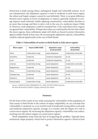 65
distinction is made among robust, endangered, fragile and vulnerable systems. As in
our interpretation, the adaptation capacity is weak or moderate in each micro region,
the robust and fragile category cannot be used definitely. There is no great difference
between micro regions in terms of adaptation or impacts, generally moderate or aver-
age impacts reach relatively weakly adapting communities, vulnerability therefore is
no more than average and there is only a risk in the case of a moderate impact (Table
4). However, weak adaptation could be remedied fast, if the individual micro regions
recognised their vulnerability. Perhaps these ideas are confirmed by the fact that within
the micro regions, those settlements adapt well which are forced to protect themselves
against sudden floods at least once. By increasing the adaptation capacity, vulnerability
could be reduced significantly in the case of flash floods.
Table 4: Vulnerability of society to flash floods in Zala micro regions
Micro region impact (1980-2100) adaptation capac-
ity (at present)
vulnerability
(at present)
Hévíz moderately strong weak adaptation moderately vulnerable
Keszthely moderate moderate adaptation at risk
Lenti moderate moderate adaptation at risk
Letenye moderately strong weak adaptation moderately vulnerable
Nagykanizsa moderate weak adaptation at risk
Pacsa moderately strong weak adaptation moderately vulnerable
Zalaegerszeg moderate weak adaptation at risk
Zalakaros moderate weak adaptation at risk
Zalaszentgrót moderately strong weak adaptation moderately vulnerable
Source: CARPATCLIM; ENSEMBLES EU– FP6; NYUDUVIZIG; based on
the data disclosed by Szabolcs Czigány, edited by the author
Summary
On the basis of the results of our study assessing the vulnerability of the population of
Zala county to flash floods in the context of impact adaptability, we can conclude that
vulnerability is moderate or, as an overall result of moderately strong effects and weak
and moderate adaptation capacity, average, or it reaches only the degree of a risk in
certain micro regions. By increasing the adaptation capacity, vulnerability may reduce,
reaching even the robust category in certain micro regions.
Weak adaptability stems from the lack of recognizing the problem. Typically those
settlements adapt properly, which had to protect themselves against a flood at least
 