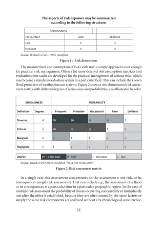 77
The aspects of risk exposure may be summarized
according to the following structure:
SERIOUSNESS
FREQUENCY LOW SERIOUS
rare 1 2
frequent 3 4
Source: Williams et al., (1995), modified
Figure 1 : Risk dimensions
The measurement and assumption of risks with such a simple approach is not enough
for practical risk management. Often a lot more detailed risk assumption matrices and
evaluation color scales are developed for the practical management of various risks, which
may become a standard evaluation system in a particular field. This can include the known
flood protection of weather forecast systems. Figure 2 shows a two-dimensional risk assess-
ment matrix with different degrees of seriousness and probabilities, also illustrated by color.
SERIOUSNESS PROBABILITY
Definition Degree Frequent Probable Occasional Rare Unlikely
Disaster 4 EH EH H H T
Critical 3 EH H H T L
Marginal 2 H T T L L
Negligible 1 T L L L L
Degree EH – extra high H - high T - tolerable L - low
Source: Based on ISO 31010, modified (IEC/FDIS 31010, 2009)
Figure 2: Risk assessment matrix
In a single case risk assessment concentrates on the assessment o one risk, or its
consequences (single risk assessment). That can include e.g., the assessment of a flood
or its consequences at a particular time in a particular geographic region. In the case of
multiple risk assessment the probability of threats occurring concurrently or immediately
one after the other it established, because they are often caused by the same factors or
simply the same risk components are analyzed without any chronological concurrence.
 