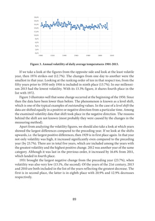 89
Figure 3. Annual volatility of daily average temperatures 1901-2013.
If we take a look at the figures from the opposite side and look at the least volatile
year, then 1974 strikes out (12.7%). The changes from one day to another were the
smallest in that year. Looking at the ranking order of ten in that respect too, from the
fifty years prior to 1950 only 1916 is included in ninth place (13.7%). In our millenni-
um 2013 had the lowest volatility. With its 13.3% figure, it shares fourth place in the
list with 1972.
Figure 3 illustrates well that some change occurred at the beginning of the 1950. Since
then the data have been lower than before. The phenomenon is known as a level shift,
which is one of the typical examples of outstanding values. In the case of a level shift the
data are shifted equally in a positive or negative direction from a particular time. Among
the examined volatility data that shift took place in the negative direction. The reasons
behind the shift are not known (most probably they were caused by the changes in the
measuring method).
Apart from analyzing the volatility figures, we should also take a look at which years
showed the largest differences compared to the preceding year. If we look at the shifts
upwards, i.e. the largest positive differences, then 1929 is in first place again. In that year
not only volatility was high, it increased significantly even compared to the preceding
year (by 23.7%). There are in total five years, which are included among the years with
the greatest volatility and the highest positive change. 2012 was another year of the same
category. Although it was last in the previous order, it increased by 16.6% from 2011,
which landed in fourth place.
1951 brought the largest negative change from the preceding year (23.7%), when
volatility was also very low (13.1%, the second). Of the years of the 21st century, 2013
and 2010 are both included in the list of the years reflecting the greatest decrease. The
first is in second place, the latter is in eighth place with 20.9% and 12.9% decreases
respectively.
 