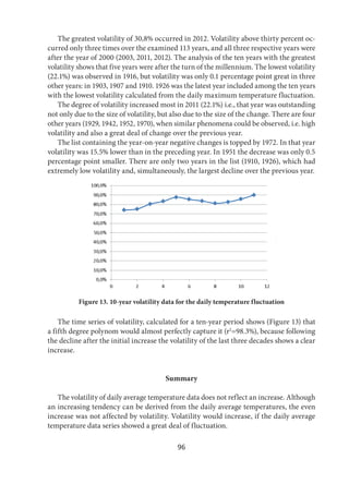 96
The greatest volatility of 30,8% occurred in 2012. Volatility above thirty percent oc-
curred only three times over the examined 113 years, and all three respective years were
after the year of 2000 (2003, 2011, 2012). The analysis of the ten years with the greatest
volatility shows that five years were after the turn of the millennium. The lowest volatility
(22.1%) was observed in 1916, but volatility was only 0.1 percentage point great in three
other years: in 1903, 1907 and 1910. 1926 was the latest year included among the ten years
with the lowest volatility calculated from the daily maximum temperature fluctuation.
The degree of volatility increased most in 2011 (22.1%) i.e., that year was outstanding
not only due to the size of volatility, but also due to the size of the change. There are four
other years (1929, 1942, 1952, 1970), when similar phenomena could be observed, i.e. high
volatility and also a great deal of change over the previous year.
The list containing the year-on-year negative changes is topped by 1972. In that year
volatility was 15.5% lower than in the preceding year. In 1951 the decrease was only 0.5
percentage point smaller. There are only two years in the list (1910, 1926), which had
extremely low volatility and, simultaneously, the largest decline over the previous year.
Figure 13. 10-year volatility data for the daily temperature fluctuation
The time series of volatility, calculated for a ten-year period shows (Figure 13) that
a fifth degree polynom would almost perfectly capture it (r2
=98.3%), because following
the decline after the initial increase the volatility of the last three decades shows a clear
increase.
Summary
The volatility of daily average temperature data does not reflect an increase. Although
an increasing tendency can be derived from the daily average temperatures, the even
increase was not affected by volatility. Volatility would increase, if the daily average
temperature data series showed a great deal of fluctuation.
 