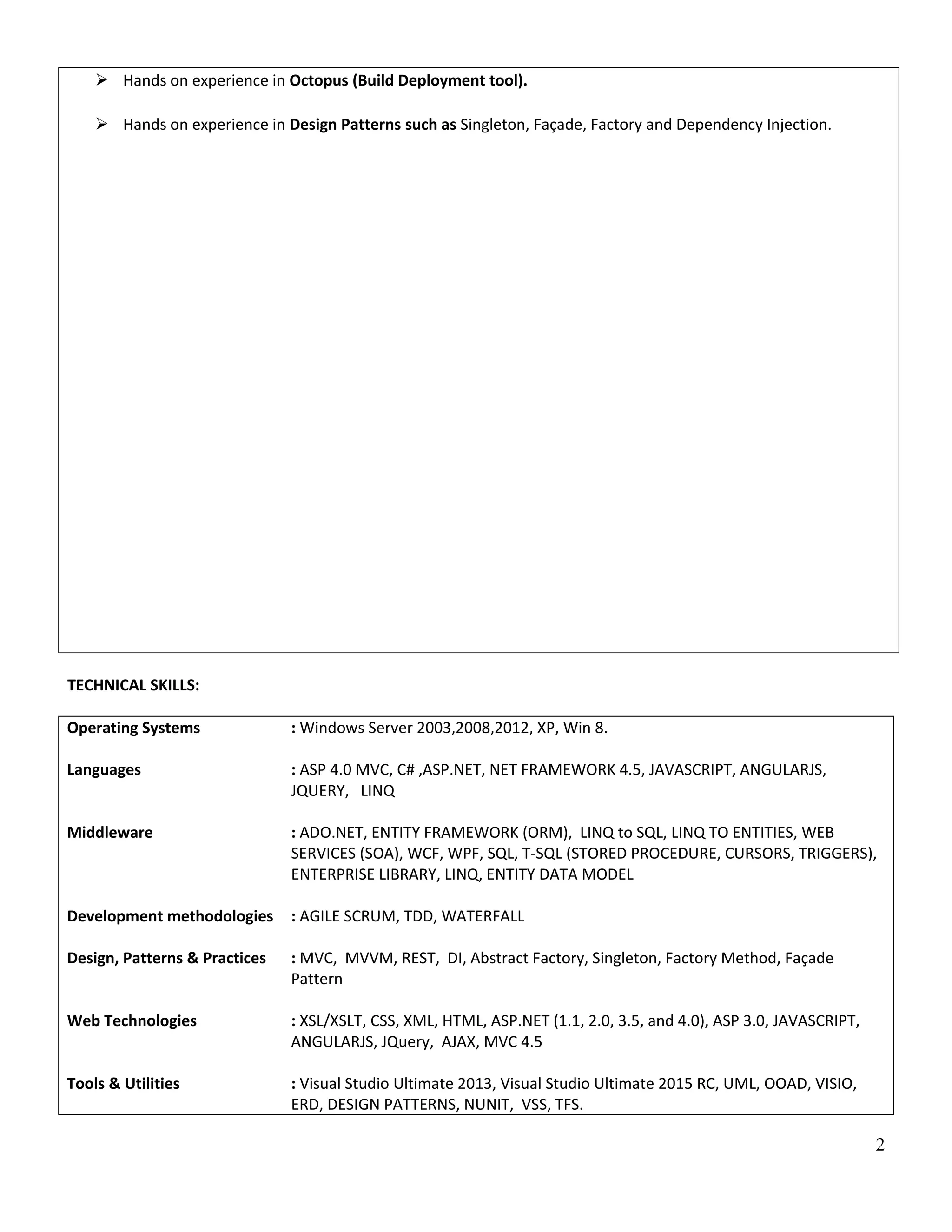  Hands on experience in Octopus (Build Deployment tool).  Hands on experience in Design Patterns such as Singleton, Façade, Factory and Dependency Injection. TECHNICAL SKILLS: Operating Systems : Windows Server 2003,2008,2012, XP, Win 8. Languages : ASP 4.0 MVC, C# ,ASP.NET, NET FRAMEWORK 4.5, JAVASCRIPT, ANGULARJS, JQUERY, LINQ Middleware : ADO.NET, ENTITY FRAMEWORK (ORM), LINQ to SQL, LINQ TO ENTITIES, WEB SERVICES (SOA), WCF, WPF, SQL, T-SQL (STORED PROCEDURE, CURSORS, TRIGGERS), ENTERPRISE LIBRARY, LINQ, ENTITY DATA MODEL Development methodologies : AGILE SCRUM, TDD, WATERFALL Design, Patterns & Practices : MVC, MVVM, REST, DI, Abstract Factory, Singleton, Factory Method, Façade Pattern Web Technologies : XSL/XSLT, CSS, XML, HTML, ASP.NET (1.1, 2.0, 3.5, and 4.0), ASP 3.0, JAVASCRIPT, ANGULARJS, JQuery, AJAX, MVC 4.5 Tools & Utilities : Visual Studio Ultimate 2013, Visual Studio Ultimate 2015 RC, UML, OOAD, VISIO, ERD, DESIGN PATTERNS, NUNIT, VSS, TFS. 2 