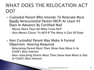  Custodial Parent Who Intends To Relocate Must
Notify Noncustodial Parent (NCP) At Least 45
Days In Advance By Certified Mail
◦ Moves More Than 60 Miles From NCP
◦ Also Moves Closer To NCP If The Move Is Out Of State
 Non Custodial Parent May Make A Formal
Objection; Hearing Required
◦ Relocating Parent Must Then Show How Move Is In
Child’s Best Interest
◦ Non-relocating Parent Must Then Show How Move Is Not
In Child’s Best Interest
(C) 2016 Quarles Law Firm, LLC 20
 