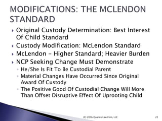  Original Custody Determination: Best Interest
Of Child Standard
 Custody Modification: McLendon Standard
 McLendon - Higher Standard; Heavier Burden
 NCP Seeking Change Must Demonstrate
◦ He/She Is Fit To Be Custodial Parent
◦ Material Changes Have Occurred Since Original
Award Of Custody
◦ The Positive Good Of Custodial Change Will More
Than Offset Disruptive Effect Of Uprooting Child
(C) 2016 Quarles Law Firm, LLC 22
 