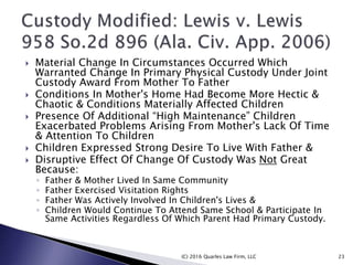  Material Change In Circumstances Occurred Which
Warranted Change In Primary Physical Custody Under Joint
Custody Award From Mother To Father
 Conditions In Mother's Home Had Become More Hectic &
Chaotic & Conditions Materially Affected Children
 Presence Of Additional “High Maintenance” Children
Exacerbated Problems Arising From Mother's Lack Of Time
& Attention To Children
 Children Expressed Strong Desire To Live With Father &
 Disruptive Effect Of Change Of Custody Was Not Great
Because:
◦ Father & Mother Lived In Same Community
◦ Father Exercised Visitation Rights
◦ Father Was Actively Involved In Children's Lives &
◦ Children Would Continue To Attend Same School & Participate In
Same Activities Regardless Of Which Parent Had Primary Custody.
(C) 2016 Quarles Law Firm, LLC 23
 
