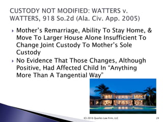  Mother’s Remarriage, Ability To Stay Home, &
Move To Larger House Alone Insufficient To
Change Joint Custody To Mother’s Sole
Custody
 No Evidence That Those Changes, Although
Positive, Had Affected Child In “Anything
More Than A Tangential Way”
(C) 2016 Quarles Law Firm, LLC 24
 