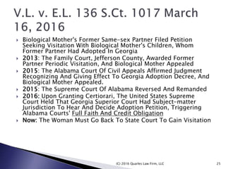  Biological Mother's Former Same-sex Partner Filed Petition
Seeking Visitation With Biological Mother's Children, Whom
Former Partner Had Adopted In Georgia
 2013: The Family Court, Jefferson County, Awarded Former
Partner Periodic Visitation, And Biological Mother Appealed
 2015: The Alabama Court Of Civil Appeals Affirmed Judgment
Recognizing And Giving Effect To Georgia Adoption Decree, And
Biological Mother Appealed.
 2015: The Supreme Court Of Alabama Reversed And Remanded
 2016: Upon Granting Certiorari, The United States Supreme
Court Held That Georgia Superior Court Had Subject-matter
Jurisdiction To Hear And Decide Adoption Petition, Triggering
Alabama Courts' Full Faith And Credit Obligation
 Now: The Woman Must Go Back To State Court To Gain Visitation
(C) 2016 Quarles Law Firm, LLC 25
 