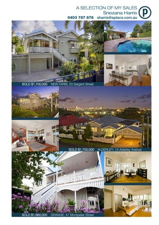 SOLD $1,700,000 NEW FARM, 23 Sargent Street
SOLD $1,700,000 ALDERLEY, 14 Alderley Avenue
SOLD $1,660,000 GRANGE, 47 Montpelier Street
 