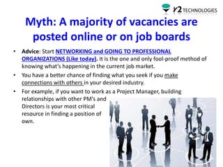Myth: A majority of vacancies are
posted online or on job boards
• Advice: Start NETWORKING and GOING TO PROFESSIONAL
ORGA...