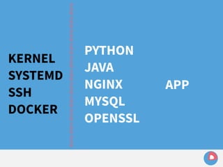 KERNEL 
SYSTEMD 
SSH 
DOCKER 
distro distro distro distro distro distro distro distro distro distro distro 
PYTHON 
JAVA 
NGINX 
MYSQL 
OPENSSL 
APP 
 