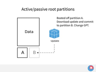 Active/passive root partitions 
Booted off partition A. 
Download update and commit 
to partition B. Change GPT. 
 