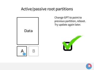 Active/passive root partitions 
Change GPT to point to 
previous partition, reboot. 
Try update again later. 
 