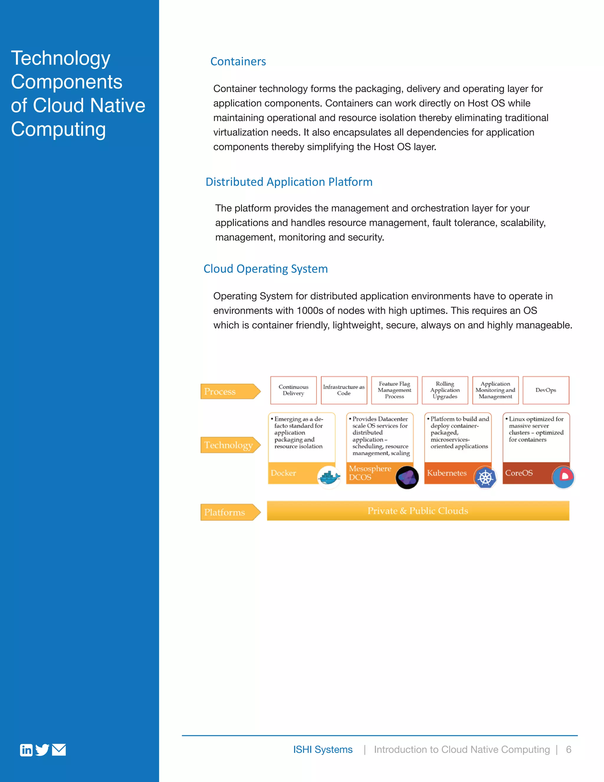 ISHI Systems | Introduction to Cloud Native Computing | 6
Containers
Container technology forms the packaging, delivery and operating layer for
application components. Containers can work directly on Host OS while
maintaining operational and resource isolation thereby eliminating traditional
virtualization needs. It also encapsulates all dependencies for application
components thereby simplifying the Host OS layer.
Distributed Application Platform
The platform provides the management and orchestration layer for your
applications and handles resource management, fault tolerance, scalability,
management, monitoring and security.
Technology
Components
of Cloud Native
Computing
Cloud Operating System
Operating System for distributed application environments have to operate in
environments with 1000s of nodes with high uptimes. This requires an OS
which is container friendly, lightweight, secure, always on and highly manageable.
 