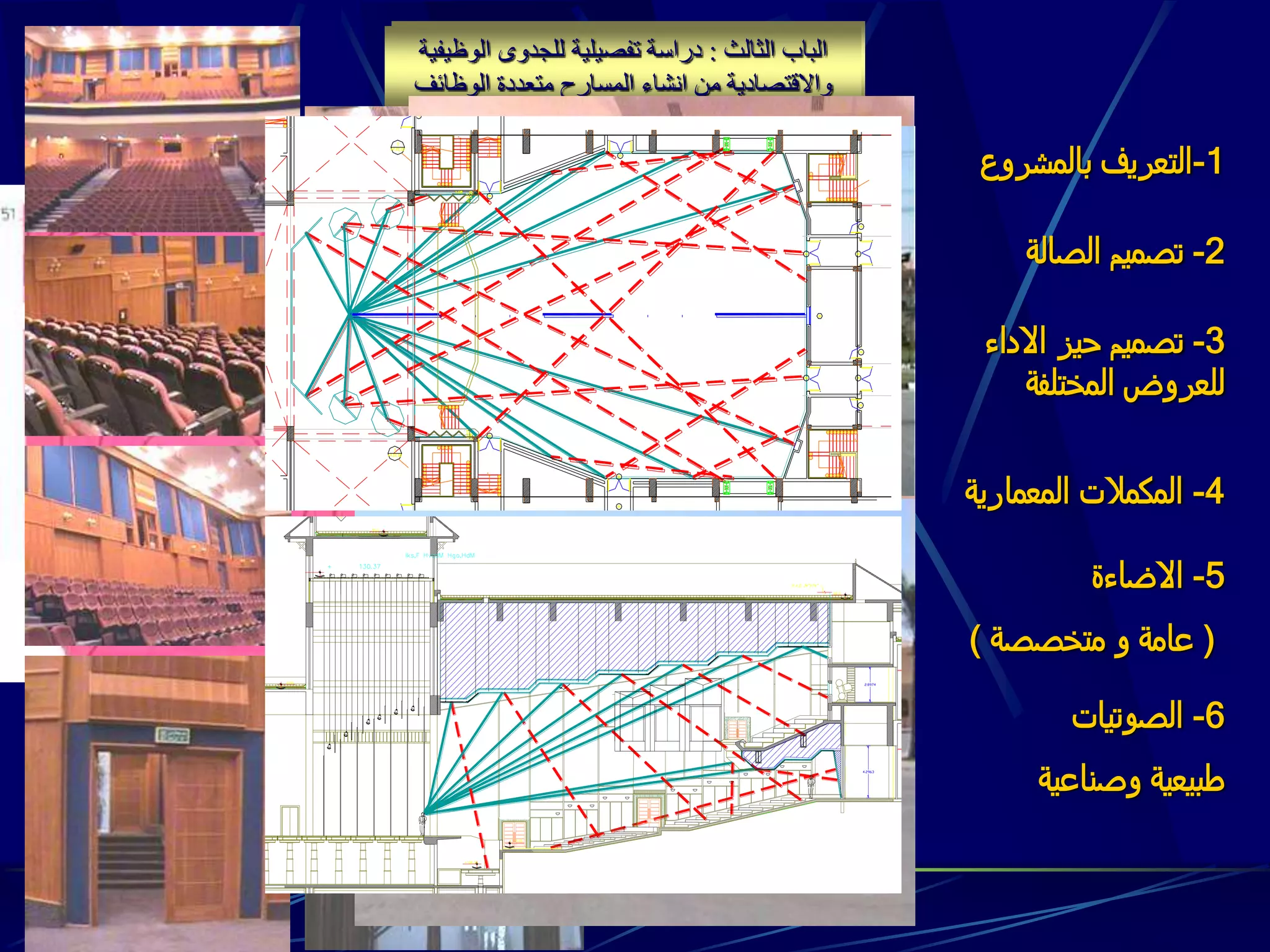‫الفصل‬‫السادس‬:‫للمسرح‬ ‫الوظيفية‬ ‫الةفاء‬ ‫دراسة‬
‫الوظا‬ ‫متعدد‬
1-‫بالمشروع‬ ‫التعريف‬
‫الثالث‬ ‫الباب‬:‫الوظيفي‬ ‫للجدوى‬ ‫تفصيلية‬ ‫دراسة‬‫ة‬
‫الوظا‬ ‫متعدد‬ ‫المسارح‬ ‫انشاء‬ ‫من‬ ‫واالقتصادية‬
2-‫الصالة‬ ‫تصميم‬
3-‫االداء‬ ‫حيز‬ ‫تصميم‬
‫المختلفة‬ ‫للعروض‬
‫الستائر‬
‫الثانوية‬
‫هرس‬
‫اإلضاءة‬
‫ستارة‬ ‫دليل‬
‫الحريق‬
‫القنطرة‬
‫المتحركة‬
4-‫المعمارية‬ ‫المكمالت‬
5-‫االضاءة‬
(‫متخصصة‬ ‫و‬ ‫عامة‬)
6-‫الصوتيات‬
‫وصناعية‬ ‫طبيعية‬
 