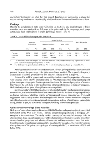 498 Fleisch, Taylor, Herholdt & Sapire
and to brief the teachers on what they had missed. Teachers who were unable to attend the
secondtrainingsession werealsovisitedbya fieldworker and their materials deliveredto them.
Findings
Despite the differences in both form (workbook vs. textbook) and internal logic of these
materials, there was no significant difference in the gains made by the two groups, each group
achieving a mean improvement of over 8 percentage points (Table 5).
Table 5 Mean scores in the pre- and post-tests
Number
of learners
Mean for test
Std. Deviation
Mean % correct Std. Error
CM PM CM PM CM PM CM PM
Pre-test
Post-test
Gain
1374
1374
1141
1141
48.07*
56.69*
8.62**
46.74*
54.87*
8.13**
0.45
0.49
0.50
0.54
16.89
18.25
17.091
18.29
* The difference between the pre- and post-test mean for each group is statistically significant, as is the
gain score within each group (p value of 0 .00)
** The difference in gains between CM and PM is not statistically significant (p value of 0.29).
Although the schools were selected at random, the PM group performed less well on the
pre-test. However the percentage point gains were almost identical. The respective frequency
distributions of the two groups in both pre- and post-test are shown in Figure 1.
Both the CM and PM groups made substantialgains in terms of the proportions of learners
who achieved scores of 50% or more (Table 6). Whether assessed on the percentage point
gains, on the percentage gains from the pre-test baseline or the increased proportion of learners
that ‘passed’ the test, there is little evidence that either set of materials is more advantageous.
Both made significant gains of roughly the same magnitude.
Slavin and Lake’s(2008) best evidence synthesis of elementarymathematics programmes
revealed that, while the introduction of new textbooks alone did not seem to impact positively
on learner outcomes, what they refer to as ‘instructional process strategies’ do. We would
suggest that context is key as most disadvantaged South African schools do not have complete
sets of textbooks or workbooks and as such, the provision and use of such learner materials is
likely, at least in part, to explain the change in prevailing instructional practices.
Gain scores by coverage of the materials
Both sets of materials are designed to cover all LO1 (Number and operations) topics specified
for Grade 6 in the NCS in 14 weeks. The time allocated is proportionate to the space LO1
occupies in the curriculum. The study tracked coverage of the materials through visits to
classrooms on three separate occasions. Fieldworkers examined learner books and noted how
far the class had progressed and whether all exercises had been completed up to that point.
From these data, percentage coverage could be calculated for each class. The two interventions
diverge in terms of the gain scores by degree of coverage (Table 7) at a minimum of 79% and
below 79%.
 