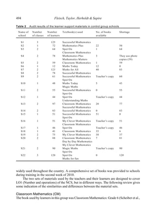 494 Fleisch, Taylor, Herholdt & Sapire
Table 2 Audit results of the learner support materials in control group schools
Name of
school
Number
of classes
Number
of learners
Textbook(s) used No. of books
available
Shortage
S1
S2
S3
S4
S5
S6
S7
S8
S9
S10
S11
S12
S13
S14
S15
S16
S17
S18
S19
S20
S21
S22
3
1
2
2
2
1
2
2
2
1
2
1
2
2
1
1
1
1
2
2
2
3
125
72
64
78
59
12
123
78
61
48
55
44
97
83
51
51
46
41
75
88
90
120
Successful Mathematics
Mathematics Plus
Spot On
Classroom Mathematics
Mathematics Plus
Mathematics Matters
Classroom Mathematics
Maths Today
Maths for All
Successful Mathematics
Successful Mathematics
Spot On
Maths Today
Magic Maths
Successful Mathematics
Spot On
Spot On
Understanding Maths
Classroom Mathematics
Successful Mathematics
Successful Mathematics
Successful Mathematics
Spot On
My Clever Mathematics
Classroom Mathematics
Spot On
Classroom Mathematics
My Clever Mathematics
Classroom Mathematics
Day by Day Mathematics
My Clever Mathematics
Magic Maths
Spot On
Spot On
Maths for fun
22
1
3
1
12
40
Teacher’s copy
5
0
Teacher’s copy
20
0
51
Teacher’s copy
Teacher’s copy
35
38
7
Teacher’s copy
0
50
64
They use photo
copies (59)
59
0
83
60
43
55
44
77
83
0
51
46
6
37
81
90
120
widely used throughout the country. A comprehensive set of books was provided to schools
during training in the second week of 2010.
The two sets of materials used by the teachers and their learners are designed to cover
LO1 (Number and operations) of the NCS, but in different ways. The following review gives
some indication of the similarities and differences between the material sets.
Classroom Mathematics (CM)
The book used by learners in this group was Classroom Mathematics: Grade 6 (Scheiber et al.,
 