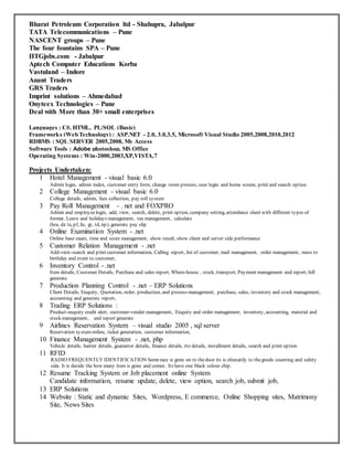 Bharat Petroleum Corporation ltd - Shahupra, Jabalpur
TATA Telecommunications – Pune
NASCENT groups – Pune
The four fountains SPA – Pune
IITGjobs.com - Jabalpur
Aptech Computer Educations Korba
Vastuland – Indore
Anant Traders
GRS Traders
Imprint solutions – Ahmedabad
Onyteex Technologies – Pune
Deal with More than 30+ small enterprises
Languages : C#, HTML, PL/SQL (Basic)
Frameworks (Web Technology) : ASP.NET - 2.0, 3.0,3.5, Microsoft Visual Studio 2005,2008,2010,2012
RDBMS : SQL SERVER 2005,2008, My Access
Software Tools : Adobe photoshop, MS Office
Operating Systems : Win-2000,2003,XP,VISTA,7
Projects Undertaken:
1 Hotel Management - visual basic 6.0
Admin login, admin index, customer entry form, change room process, user login and home screen, print and search option
2 College Management - visual basic 6.0
College details, admin, fees collection, pay roll system
3 Pay Roll Management - . net and FOXPRO
Admin and employeelogin, add, view, search, delete, print option, company setting, attendance sheet with different types of
format. Leave and holidays management, tax management, calculate
(hra, da ta, pf, lic, gt, td, np), generate pay slip
4 Online Examination System - .net
Online base exam, time and score management, show result, show client and server side performance
5 Customer Relation Management - .net
Add-view-search and print customer information, Calling report, list of customer, mail management, order management, mess to
birthday and event to customer,
6 Inventory Control - .net
Item details, Customer Details, Purchase and sales report, Where-house , stock, transport, Payment management and report, bill
generate.
7 Production Planning Control - .net – ERP Solutions
Client Details, Enquiry, Quotation, order, production, and process management, purchase, sales, inventory and stock management,
accounting and generate report,
8 Trading ERP Solutions :
Product-enquiry credit alert, customer-vender management, Enquiry and order management, inventory, accounting, material and
stock management, and report generate
9 Airlines Reservation System – visual studio 2005 , sql server
Reservation systemonline, ticket generation, customer information,
10 Finance Management System - .net, php
Vehicle details, hairier details, guarantor details, finance details, rto details, installment details, search and print option
11 RFID
RADIO FREQUENTLY IDENTIFICATION Somerace is gone on to thedoor its is efeecatily to thegoods counting and safety
side. It is decide the how many item is gone and comes. Its have one black colour chip.
12 Resume Tracking System or Job placement online System
Candidate information, resume update, delete, view option, search job, submit job,
13 ERP Solutions
14 Website : Static and dynamic Sites, Wordpress, E commerce, Online Shopping sites, Matrimony
Site, News Sites
 