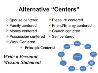 Alternative “Centers”
 Spouse centered
 Family centered
 Money centered
 Possession centered
 Work Centered
 Pleasur...
