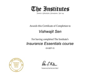 Vishwajit Sen
Insurance Essentials course
03-SEP-15
 