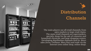 Distribution
Channels
The main players use all retail channels: from
open markets to large retail chains.
The main retail channels are supermarkets,
specialty shops for the sale of cosmetics and
household chemicals, and large shopping centers.
Developing distribution channels such as direct
sales (Avon, Oriflame, Mary Kay) and trade via the
Internet (own online shop, online shop).
24
 