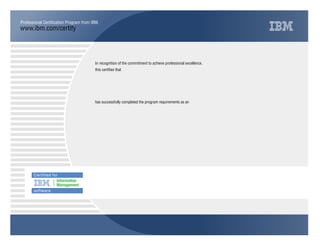 www.ibm.com/certify
Professional Certification Program from IBM.
In recognition of the commitment to achieve professional excellence,
this certifies that
has successfully completed the program requirements as an
Swapnil Awasthi
IBM Certified Application Developer
DB2 9
September 18, 2013
Robert LeBlanc
Senior Vice President
IBM Software Middleware Group
Arvind Krishna
General Manager, Information Management
IBM Software Middleware Group
Y Q
 