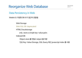 Reorganize Web Database 
Q&A 
Data Persistency in Web 
Webkit 도 다양한 DB 쓰기 접근이 관찰됨 
Web Storage 
Web SQL DB: deprecated 
HTML5 localstorage 
only store a simple key-value pairs 
Indexed DB 
Object store 를 만들고 object 를 저장 
단순 Key-Value Storage, SQL Query 대신 javascript index 를 사용 
 