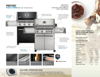 66,000 BTU’s
Up to 5 burners
Cooking Area: 760 in2
(4880 cm2
)
Built-in model available
Prestige
®
P500 & P500RB with rear infrared burner
ACCU-PROBE
™
Temperature Gauge
Safely and instantly read the internal temperature of your grill with the lid closed. This
thermometer has a wide temperature measurement range from 0° to 700°F (0° to 370°C)
and includes the ideal smoking and searing range.
Heavy duty rotisserie
kit with counter balance
and 2 forks using the
rear infrared burner
(P500RB)
Available in porcelain
black or stainless steelSpace saving
LIFT EASE
™
roll top lid
Heavy gauge, long
lasting stainless steel
tube burners with
crossover lighting
Stainless steel
side shelves with
condiment trays
EASY ROLL
™
locking casters
Available as a natural
gas or propane unit
Stainless steel
cooking system with
JETFIRE
™
ignition
Porcelainized Cast
Iron WAVE
™
Reversible
Channel Cooking Grids
JETFIRE
™
IgnitionDual-Level, Stainless
Steel Sear Plates
Rear Infrared
Rotisserie Burner
(P500RB)
P500
P500RB
Bone-in Cowboy / Rib Steaks 	 2 	 |	 2
(2" to 3" thick - 24 oz / 680 g)
Large Portobello Mushrooms	4	|	 4
stems removed, soaked in warm
water for 1 hour
Medium White Onions	 2 	 |	 2
peeled and trimmed with
root end attached
Olive Oil	 1 tbsp	 |	 15 mL
Steak Spice	 to taste	 |	 to taste
Steak Sauce 	 ½ cup	 |	 125 mL
Crumbled Blue Cheese 	 1 cup	 |	 250 mL
Seasoning Paste
Olive Oil	 ¼ cup 	 |	 60 mL
Steak Spice 	 2 tbsp	 |	 30 mL
Shiraz 	 4 tbsp	 |	 60 mL
Minced Garlic 	 4 cloves	 |	 4 cloves
Chopped Fresh Thyme 	 1 tbsp	 |	 15 mL
Classic Cowboy Steak with
Grilled Mushrooms, Onions,
and Blue Cheese
10
 