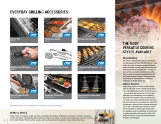 EVERYDAY GRILLING ACCESSORIES
herbs  Spices
Dried herbs and spices make wonderful aromatics for grilling. Soak them for about 5 minutes, squeeze
out the moisture, and sprinkle them either directly on the coals, or even in the water pan if you’re cooking
over indirect heat. Watch out for seeds, such as mustard and coriander. Heat makes them pop.
Visit napoleongrills.com to see Napoleon’s complete line of grilling accessories.
The most
versatile cooking
styles available
Direct Cooking
This method of cooking utilizes all burners, cooking the
food directly above the flame GRILLING style, for searing
steaks, other meats or vegetables. Keeping the lid down
reduces the cooking time and cooks through to the center
faster than with the lid up.Anything that is less than two
inches in thickness should be cooked by direct grilling.
These are things that generally cook quickly and benefit
from the fast cooking of a hot grill. Front to back burners
were designed for precise heat control, allowing for
independent use of each cooking zone.
Indirect Cooking
Indirect grilling is similar to baking.The food is placed
above the unlit burner instead of directly over the flame.
This can be achieved by only igniting some of the burners
– light one side on high and cook the food on the other.
The food will cook more evenly as it is not exposed to
direct heat from the burners.This is an excellent way to
cook tough cuts of meat, like brisket and ribs, that require
long, slow cooking at a low or moderate heat. Indirect grill-
ing allows you to work over a more moderate temperature
(275° to 350°) and makes it easy to introduce a smoker
pipe for extra flavor. For chicken, game, turkey, roasts,
ham, vegetables, bread or combinations, the indirect cook-
ing method gives great results every time.There is little
need to turn the food.You can place the food directly on
the grids or in a cooking pan.
Professional Five Piece Toolset
70011
Professional Spatula
70010
Stainless Steel Grill Brush
62035
Salt and Pepper Grinder
70004/70005
Tomato and Pepper Rack
56028/56029
Dual Universal Handle Lights
70020/70021
6 Stainless Steel Skewers - 14
70016
Stainless Steel GriddlesSmoker Pipe
67011
14
 