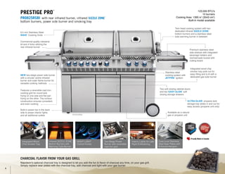 PRO825RSBI
Prestige Pro
™
pro825rsBI with rear infrared burner, infrared SIZZLE ZONE
™
bottom burners, power side burner and smoking tray
Commercial quality rotisserie
kit and 4 forks utilizing the
rear infrared burner
Two soft closing cabinet doors
and two EASY GLIDE
™
soft
closing storage drawers
Stainless steel
cooking system with
JETFIRE
™
ignition
Available as a natural
gas or propane unit
Charcoal Flavor From Your Gas Grill
Napoleon’s optional charcoal tray is designed to let you add the fun & flavor of charcoal any time, on your gas grill.
Simply replace sear plates with the charcoal tray, add charcoal and light with your gas burner.
123,000 BTU’s
10 burners
Cooking Area: 1395 in2
(3543 cm2
)
Built-in model available
Twin head cooking system with two
dedicated infrared SIZZLE ZONE
™
bottom burners and a stainless steel
tube warming burner in between
Features a reversible cast iron
cooking grid for round wok
frying on one side and flat pan
frying on the other. The contour
construction ensures consistent
and even cooking
NEW two-stage power side burner
with a circular centre infrared
burner and outer flame burner for
versatile cooking methods
Premium stainless steel
side shelves with integrated
beverage holders and
ice/marinade bucket with
cutting board
ULTRA-GLIDE
™
propane tank
storage tray slides in and out for
easy access (propane unit only)
Integrated wood chip
smoker tray pulls out for
easy filling and is lit with a
dedicated gas tube burner
Infrared SIZZLE ZONE
™
Bottom Burners with
Warming Tube Burner
Two-Stage Power
Burner with reversible
cast iron grid
NIGHT LIGHT
™
Control Knobs
Interior Lights for Late
Night Entertaining
Integrated Wood
Chip Smoker Tray
Built-in power bar in the back
side to power interior lights
and all additional outlets
9.5 mm Stainless Steel
WAVE
™
Cooking Grids
Dual-Level Stainless
Steel Sear Plates with
Enforced Hangers
6
 