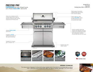 PRO500RSIB
infrared technology
The intense heat of Napoleon’s infrared technology instantly locks in the juices for an amazing taste sensation!
Over 11,000 flame ports produce up to 1800°F for optimum searing. See page 17 for more details.
80,000 BTU’s
6 burners
Cooking Area: 900 in2
(5780 cm2
)
Prestige Pro
™
PRO500RSIB with rear infrared burner
and infrared SIZZLE ZONE
™
side burner
9.5 mm Stainless Steel
WAVE
™
Cooking Grids
Infrared SIZZLE ZONE
™
Side Burner
Dual-Level, Stainless
Steel Sear Plates
Integrated Ice/
Marinade Bucket
Heavy duty rotisserie kit with
counter balance and 2 forks for
delicious restaurant style cooking
using the rear infrared burner
Deluxe high top, space
saving LIFT EASE
™
roll top
lid with polished chrome
trim accents and handle
Heavy gauge, long lasting
stainless steel tube burners
with crossover lighting
Infrared SIZZLE ZONE
™
side burner
Engaging i-GLOW
™
backlit control knobs for
late night entertaining
Premium stainless steel side
shelves with integrated beverage
holders and ice/marinade bucket
with cutting board, polished
chrome towel bars and tool hooks
Pedestal base with
hidden casters
Available as a natural
gas or propane unit
7
 