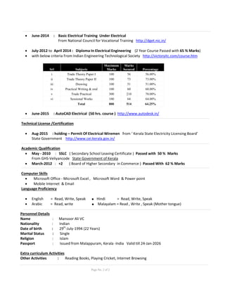 • June-2014 : Basic Electrical Training Under Electrical
From National Council for Vocational Training http://dget.nic.in/
• July-2012 to April 2014 : Diploma In Electrical Engineering (2 Year Course Passed with 65 % Marks)
• with below criteria From Indian Engineering Technological Society http://victoryitc.com/course.htm
Srl Subjects
Maximum
Marks
Marks
Secured Percentage
i Trade Theory Paper I 100 56 56.00%
ii Trade Theory Paper II 100 73 73.00%
iii Drawing 100 51 51.00%
iv Practical Writing & oral 100 60 60.00%
v Trade Practical 300 210 70.00%
vi Sessional Works 100 64 64.00%
Total 800 514 64.25%
• June-2015 : AutoCAD Electrical (50 hrs. course ) http://www.autodesk.in/
Technical License /Certification
• Aug-2015 : holding – Permit Of Electrical Wiremen from ‘ Kerala State Electricity Licensing Board’
State Government http://www.cei.kerala.gov.in/
Academic Qualification
• May - 2010 : SSLC ( Secondary School Leaving Certificate ) Passed with 50 % Marks
From GHS-Veliyancode State Government of Kerala
• March-2012 : +2 ( Board of Higher Secondary in Commerce ) Passed With 62 % Marks
Computer Skills
• Microsoft Office - Microsoft Excel , Microsoft Word & Power point
• Mobile Internet & Email
Language Proficiency
• English = Read, Write, Speak  Hindi = Read, Write, Speak
• Arabic = Read, write  Malayalam = Read , Write , Speak (Mother tongue)
Personnel Details
Name : Mansoor Ali VC
Nationality : Indian
Date of birth : 29th
-July-1994 (22 Years)
Marital Status : Single
Religion : Islam
Passport : Issued from Malappuram, Kerala -India Valid till 24-Jan-2026
Extra curriculum Activities
Other Activities : Reading Books, Playing Cricket, Internet Browsing
Page No. 2 of 2
 