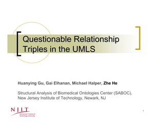 1 
Questionable Relationship 
Triples in the UMLS 
Huanying Gu, Gai Elhanan, Michael Halper, Zhe He 
Structural Analysis of Biomedical Ontologies Center (SABOC), 
New Jersey Institute of Technology, Newark, NJ 
 