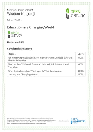 Certificate of Achievement
Wisdom Kudjordji
February 9th, 2016
Education in a Changing World
Final score: 75 %
Completed assessments
Module Score
For what Purposes? Education in Society and Debates over the
Aims of Education
60%
Give me the Child until Seven: Childhood, Adolescence and
Education
60%
What Knowledge is of Most Worth? The Curriculum 100%
Literacy in a Changing World 80%
Powered by TCPDF (www.tcpdf.org)
 