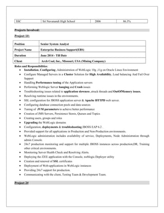 SSC Sri Navanandi High School 2006 86.3%
Projects Involved:
Project 1#:
Position Senior System Analyst
Project Name Enterprise Business Support(EBS)
Duration June 2014 - Till Date
Client Arch Coal, Inc., Missouri, USA (Mining Company)
Roles and Responsibilities:
• Installation, Configuring ,Administrstion of WebLogic 10g ,11g on Oracle Linux Environment
• Configure Managed Servers in a Cluster Solution for High Availability, Load balancing And Fail Over
Support
• Handling Performance tuning of the Application servers
• Performing Weblogic Server hanging and Crash issues
• Troubleshooting issues related to application slowness ,struck threads and OutOfMemory issues.
• Resolving runtime issues in the environments.
• SSL configuration for JBOSS application server & Apache HTTPD web server.
• Configuring database connection pools and data sources
• Tuning of JVM parameters to achieve better performance
• Creation of JMS Servers, Persistence Stores, Queues and Topics
• Creating users, groups and roles
• Upgrading the WebLogic domains
• Configuration, deployments & troubleshooting JBOSS EAP 6.2 .
• Provided support for all applications in Production and Non-Production environments.
• WebLogic administration includes availability of service, Deployments, Node Administration through
admin Console.
• 24x7 production monitoring and support for multiple JBOSS instances across production,DR, Training
other critical environments.
• Monitoring Server Health Check and Resolving Alerts.
• Deploying the J2EE application with the Console, weblogic.Deployer utility
• Creation and renewal of SSL certificates
• Deployment of Web-applications in WebLogic instances
• Providing 24x7 support for production.
• Communicating with the client, Testing Team & Development Team.
Project 2#
 