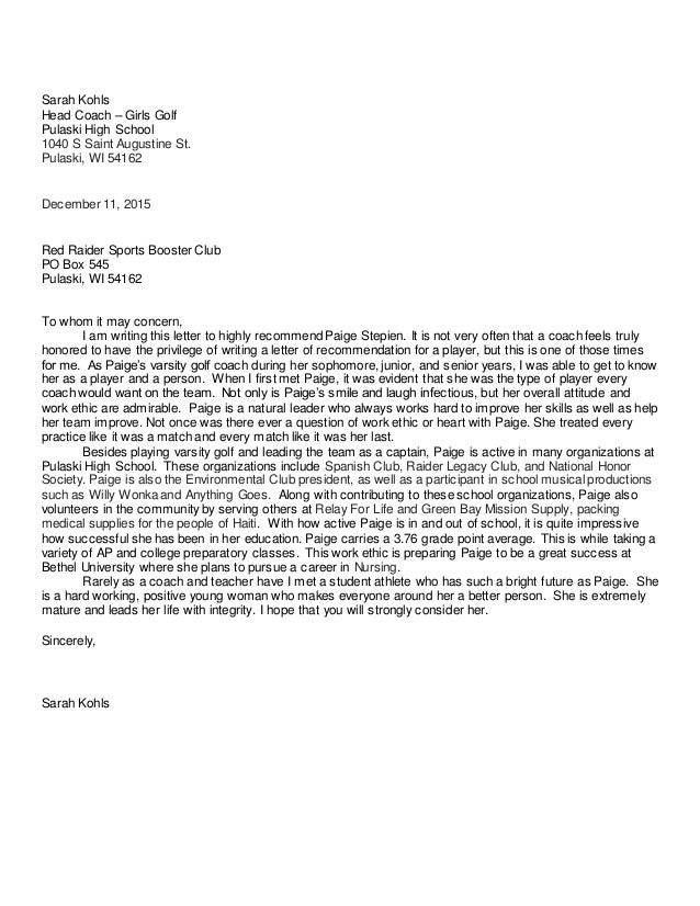 Kohls Recommendation Letter
