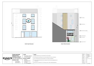 OS REF: 84043
SHANE MAGUIRE
PROJECTS LTD.
MONAGHAN, CO. MONAGHAN
TEL. 047 12345 FAX. 04712345
e-mail : D00171976@webmail.dkit.ie
DRAWING NAME
Proposed
Elevation 2
CLIENT:
Dundalk Institute
of Technology
PROJECT ADDRESS:
Dinkins,
The Diamond,
Clones,
Co. Monaghan
NOTES:
DRAWN
XXX
DESIGN
XXX
19.04.16
XXX
CHECK
DATE
12345678 - 910
PROJECT No.
00000000 - 001
DRAWING No.
SCALE.
1: 100
1) Figured dimensions only to be taken from this drawing
2) All dimensions & drawings to be checked before any work commences
3) Any discrepencies should be referred to this office immediately
4) All structural elements are to be confirmed by the structural engineer prior to
construction
5) All work to be carried out in accordance with current building regulations
North-East Elevation South-West Elevation
 