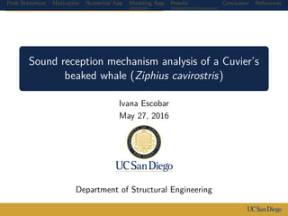 Prob Statement Motivation Numerical App Modeling App Results Conclusion References
Sound reception mechanism analysis of a Cuvier’s
beaked whale (Ziphius cavirostris)
Ivana Escobar
May 27, 2016
Department of Structural Engineering
 