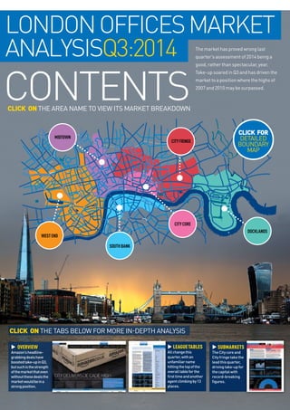 londonofficesMarket
analysisq3:2014
citycore
docklands
contents
midtown
cityfringe
The market has proved wrong last
quarter’s assessment of 2014 being a
good, rather than spectacular, year.
Take-up soared in Q3 and has driven the
market to a position where the highs of
2007 and 2010 may be surpassed.
CLick on the area name to view its market breakdown
CLick on the tabs below for more in-dePth analysis
u Overview
Amazon’sheadline-
grabbingdealshave
boostedtake-upinQ3,
butsuchisthestrength
ofthemarketthateven
withoutthesedealsthe
marketwouldbeina
strongposition.
u leaguetables
Allchangethis
quarter,withan
unfamiliarname
hittingthetopofthe
overalltableforthe
firsttimeandanother
agentclimbingby13
places.
u submarkets
TheCitycoreand
Cityfringetakethe
leadthisquarter,
drivingtake-upfor
thecapitalwith
record-breaking
figures.
southbank
westend
CLick for
detailed
boundary
map
 