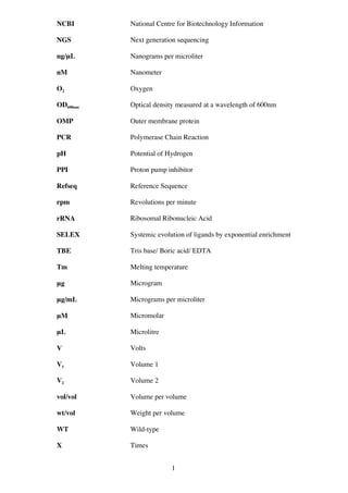 1
NCBI
NGS
ng/μL
nM
O2
OD600nm
OMP
PCR
pH
PPI
Refseq
rpm
rRNA
SELEX
TBE
Tm
μg
μg/mL
μM
μL
V
V1
V2
vol/vol
wt/vol
WT
X
National Centre for Biotechnology Information
Next generation sequencing
Nanograms per microliter
Nanometer
Oxygen
Optical density measured at a wavelength of 600nm
Outer membrane protein
Polymerase Chain Reaction
Potential of Hydrogen
Proton pump inhibitor
Reference Sequence
Revolutions per minute
Ribosomal Ribonucleic Acid
Systemic evolution of ligands by exponential enrichment
Tris base/ Boric acid/ EDTA
Melting temperature
Microgram
Micrograms per microliter
Micromolar
Microlitre
Volts
Volume 1
Volume 2
Volume per volume
Weight per volume
Wild-type
Times
 