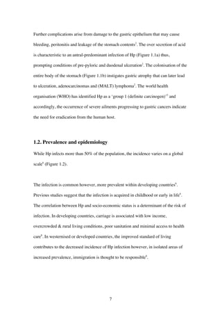 7
Further complications arise from damage to the gastric epithelium that may cause
bleeding, peritonitis and leakage of the stomach contents2
. The over secretion of acid
is characteristic to an antral-predominant infection of Hp (Figure 1.1a) thus,
prompting conditions of pre-pyloric and duodenal ulceration2
. The colonisation of the
entire body of the stomach (Figure 1.1b) instigates gastric atrophy that can later lead
to ulceration, adenocarcinomas and (MALT) lymphoma2
. The world health
organisation (WHO) has identified Hp as a ‘group 1 (definite carcinogen)’5
and
accordingly, the occurrence of severe ailments progressing to gastric cancers indicate
the need for eradication from the human host.
1.2. Prevalence and epidemiology
While Hp infects more than 50% of the population, the incidence varies on a global
scale6
(Figure 1.2).
The infection is common however, more prevalent within developing countries6
.
Previous studies suggest that the infection is acquired in childhood or early in life6
.
The correlation between Hp and socio-economic status is a determinant of the risk of
infection. In developing countries, carriage is associated with low income,
overcrowded & rural living conditions, poor sanitation and minimal access to health
care8
. In westernised or developed countries, the improved standard of living
contributes to the decreased incidence of Hp infection however, in isolated areas of
increased prevalence, immigration is thought to be responsible8
.
 