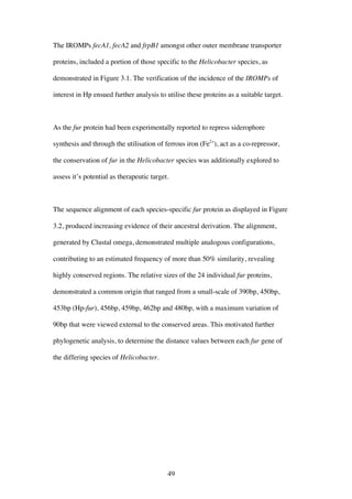 49
The IROMPs fecA1, fecA2 and frpB1 amongst other outer membrane transporter
proteins, included a portion of those specific to the Helicobacter species, as
demonstrated in Figure 3.1. The verification of the incidence of the IROMPs of
interest in Hp ensued further analysis to utilise these proteins as a suitable target.
As the fur protein had been experimentally reported to repress siderophore
synthesis and through the utilisation of ferrous iron (Fe2+
), act as a co-repressor,
the conservation of fur in the Helicobacter species was additionally explored to
assess it’s potential as therapeutic target.
The sequence alignment of each species-specific fur protein as displayed in Figure
3.2, produced increasing evidence of their ancestral derivation. The alignment,
generated by Clustal omega, demonstrated multiple analogous configurations,
contributing to an estimated frequency of more than 50% similarity, revealing
highly conserved regions. The relative sizes of the 24 individual fur proteins,
demonstrated a common origin that ranged from a small-scale of 390bp, 450bp,
453bp (Hp-fur), 456bp, 459bp, 462bp and 480bp, with a maximum variation of
90bp that were viewed external to the conserved areas. This motivated further
phylogenetic analysis, to determine the distance values between each fur gene of
the differing species of Helicobacter.
 