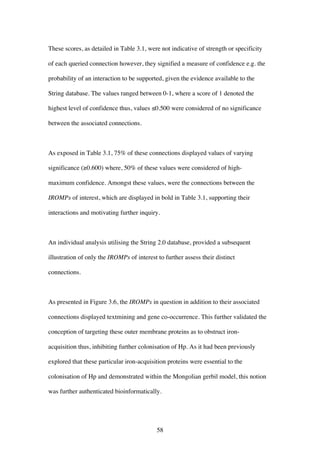 58
These scores, as detailed in Table 3.1, were not indicative of strength or specificity
of each queried connection however, they signified a measure of confidence e.g. the
probability of an interaction to be supported, given the evidence available to the
String database. The values ranged between 0-1, where a score of 1 denoted the
highest level of confidence thus, values ≤0.500 were considered of no significance
between the associated connections.
As exposed in Table 3.1, 75% of these connections displayed values of varying
significance (≥0.600) where, 50% of these values were considered of high-
maximum confidence. Amongst these values, were the connections between the
IROMPs of interest, which are displayed in bold in Table 3.1, supporting their
interactions and motivating further inquiry.
An individual analysis utilising the String 2.0 database, provided a subsequent
illustration of only the IROMPs of interest to further assess their distinct
connections.
As presented in Figure 3.6, the IROMPs in question in addition to their associated
connections displayed textmining and gene co-occurrence. This further validated the
conception of targeting these outer membrane proteins as to obstruct iron-
acquisition thus, inhibiting further colonisation of Hp. As it had been previously
explored that these particular iron-acquisition proteins were essential to the
colonisation of Hp and demonstrated within the Mongolian gerbil model, this notion
was further authenticated bioinformatically.
 