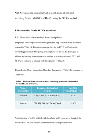 75
Aim 3: To generate an aptamer with a high binding affinity and
specificity for the ΔIROMP’s of Hp-SS1 using the SELEX method.
3.5 Preparation for the SELEX technique
3.5.1 Generation of randomised library and primers
The primers consisting of two randomly generated 20bp sequences were attained as
observed in Table 3.4. The primers were produced with HPLC purification that
provided approximately 85% purity, that is optimal for the SELEX technique. In
addition, the melting temperatures were required to be at approximately 52°C with
0.5-1°C of variation, as attained with these primers (Table 3.4).
The randomise library was produced based on these primers (Table 3.4), generated by
GeneWorks.
Table 3.4 Forward and reverse primers randomly generated and selected
for the SELEX technique.
As the insertion of aphA3 within fecA1, fecA2 and frpB1 could not be detected, the
process of SELEX was hindered due to the absence of negative selection.
 